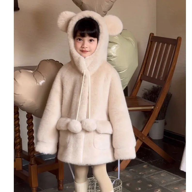 

Girls New Winter Cute Hooded Faux Fur Coat Children Warm Thick Fur Outwear y1764
