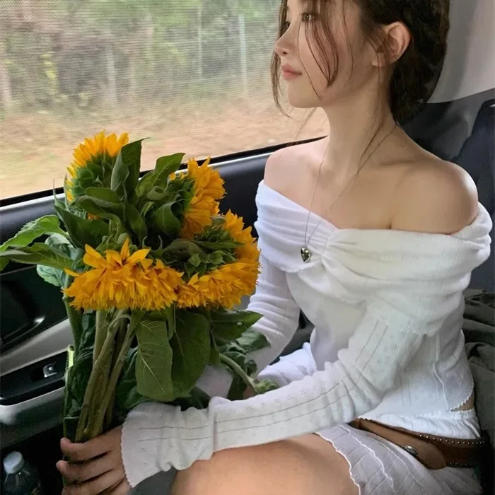 TheBarnet レディース ニット セーター バタフライ ノット ワンショルダー 薄手 スイート スタイル 長袖 ショート丈 オーバーヘッド ドレス