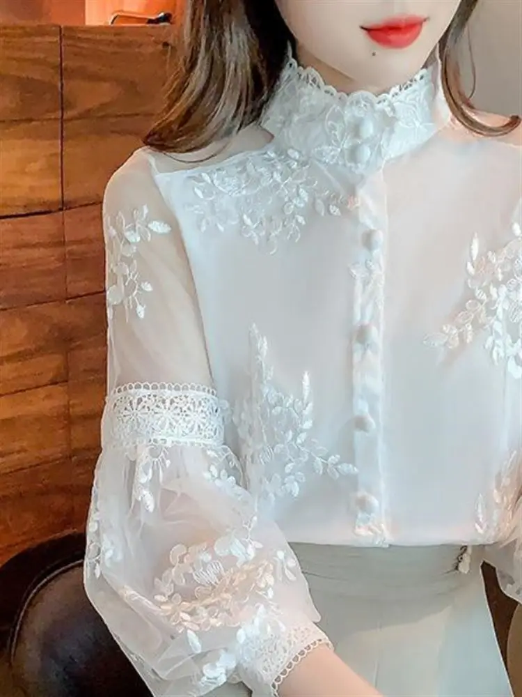 Lente 2024 Geborduurde Kanten Lantaarn Sve Dames irt Design Sensation Small ence Court Sle Long Sve Opstaande Kraag