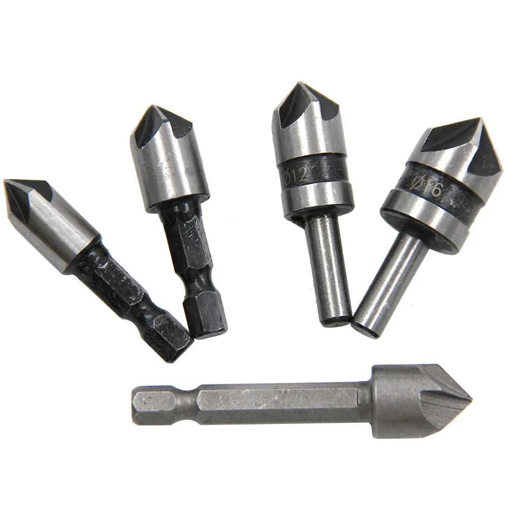 Conjunto de broca de chanfro 5 peças, 1/4 ''haste 5 flauta chanfro conjunto misto cortador banco broca ferramenta carpintaria profissional ferramentas