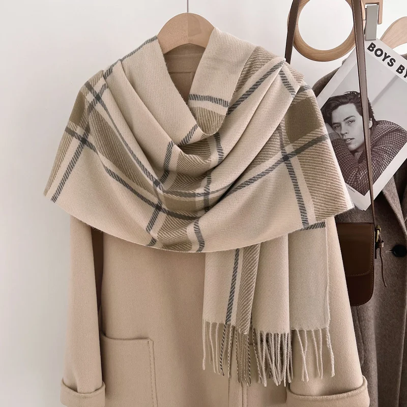 

Japanese Style High-End Korean Plaid Versatile Scarf Women Soft Warm Thick Shawl Autumn Winter Travel Cold-Proof Neck Warmer