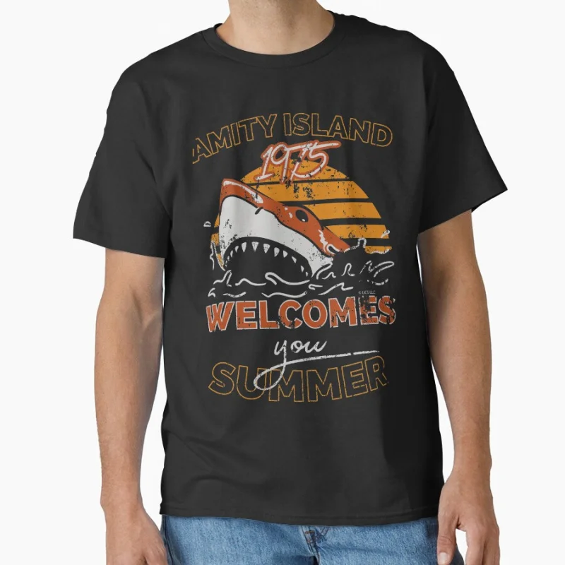 

AMITY ISLAND WELCOMES YOU Vintage 80s Horro movie White Shark Attack 50th Anniversary Jaws 1975 T-shirt Large size Tops S-6XL