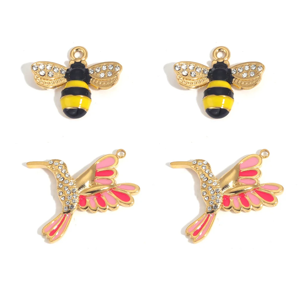 

2pcs Enamel Bee Hummingbird Stainless Steel Charm for Jewelry Making Cute Earring Pendant Bracelet Necklace Diy Craft Supplies