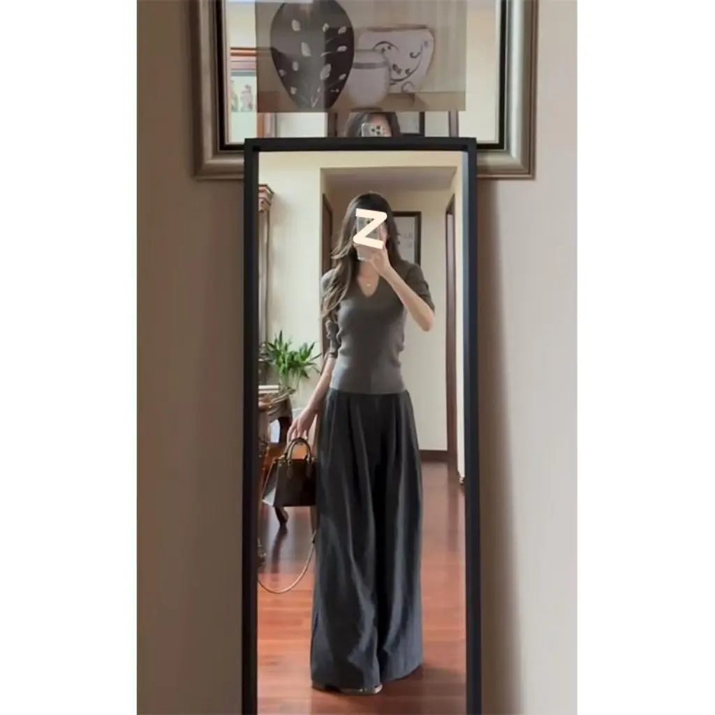 

Женский приталенный костюм, вязаный свитер с v-образным вырезом, брюки с длинными рукавами и высокой талией, осенний новый стиль Pure Desire, широкие штанины