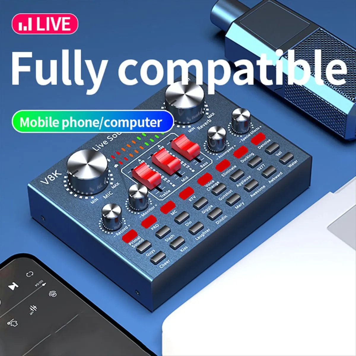 Tarjeta de sonido externa USB V8K, micrófono portátil múltiple, tarjeta de sonido de transmisión en vivo para teléfono móvil y ordenador