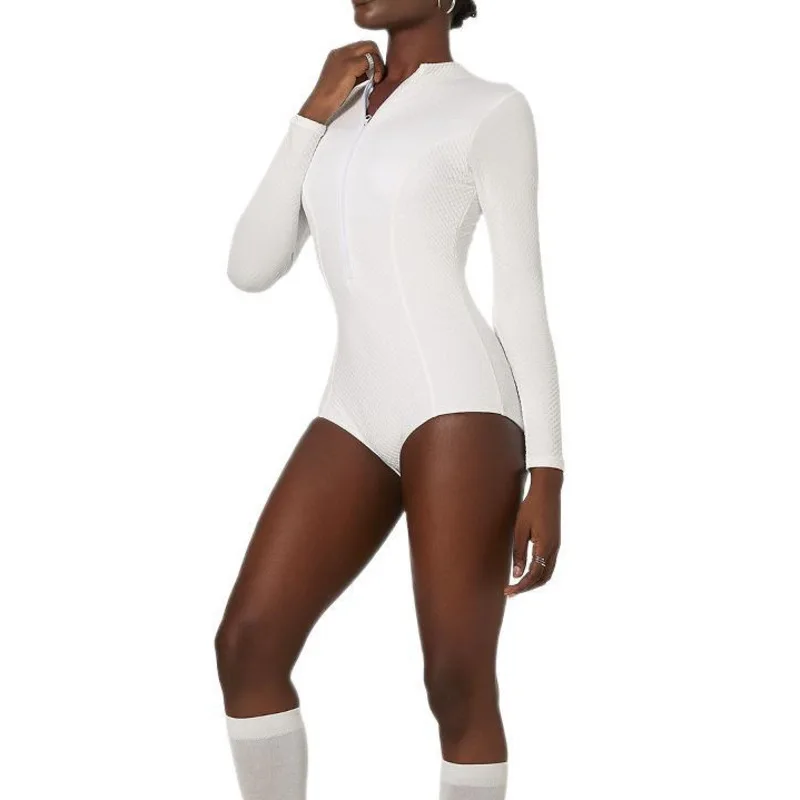 Minimalist Style White Long Sleeve Swimsuit One Piece Swimwear For Women Comfortable Solid Color Vacation Hot Spring Diving Suit