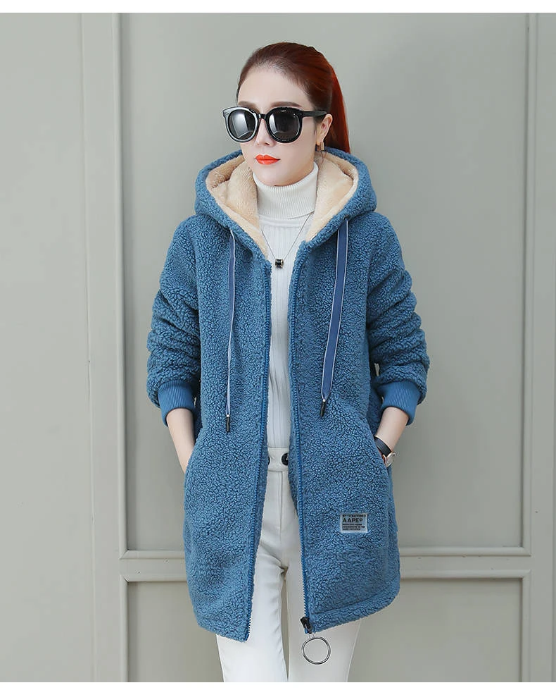 

Women's Fleece Lined Thickened Hoodie Trendy Autumn Winter Top Open Cardigan Style Sheepskin Mimic Outerwear