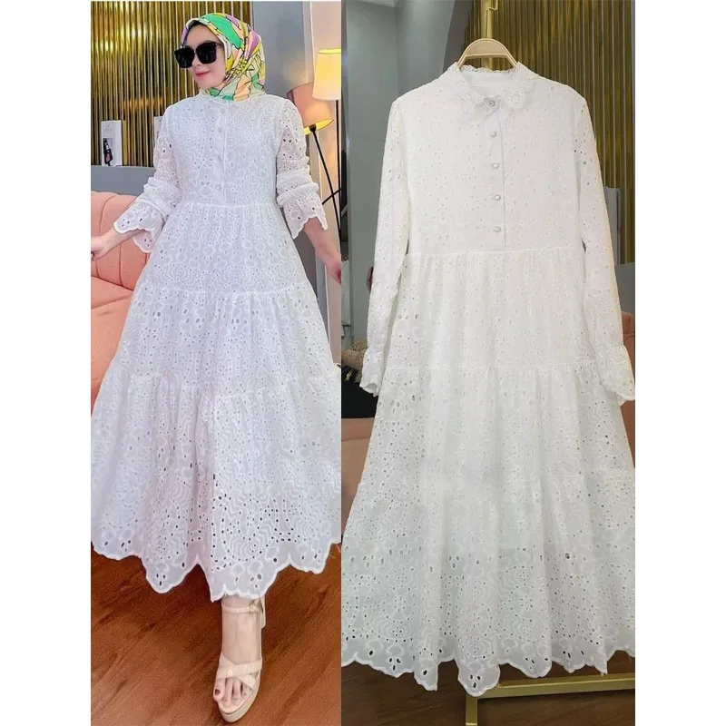 Robe musulmane brodée en dentelle creuse pour femmes, col à manches longues, fraîche et douce, nouveau produit de printemps