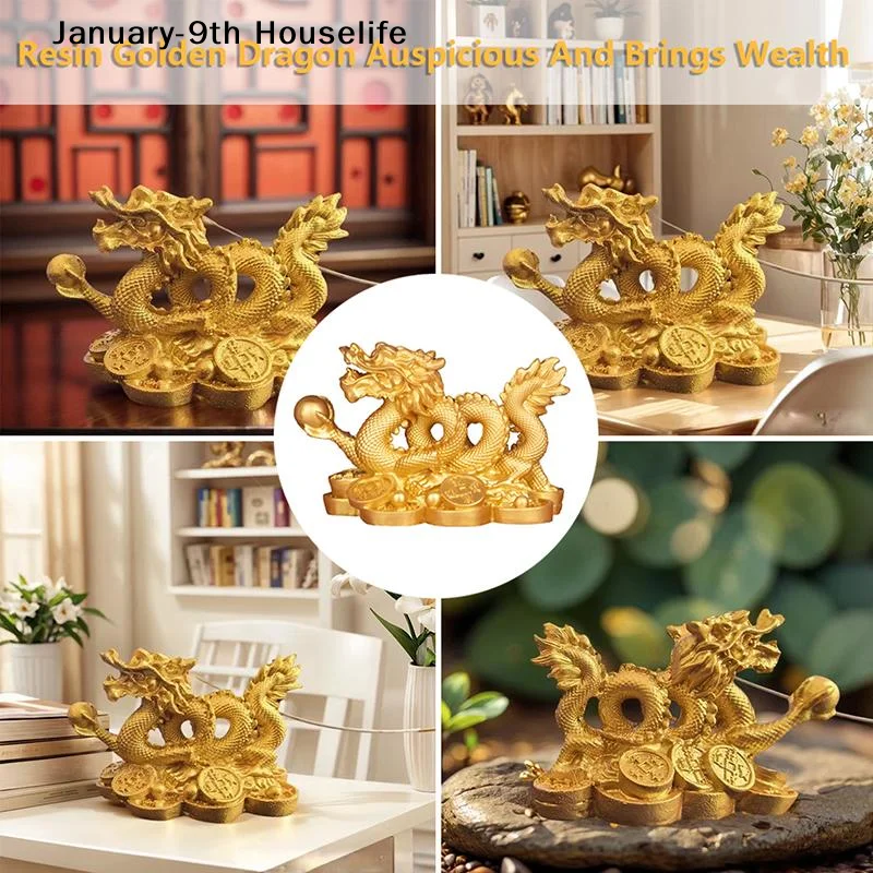 Adorno de Dragón Dorado de Resina Auspicioso para Sala de Estar, Oficina, Vinoteca, Decoración Feng Shui, Hogar, 9 de Enero