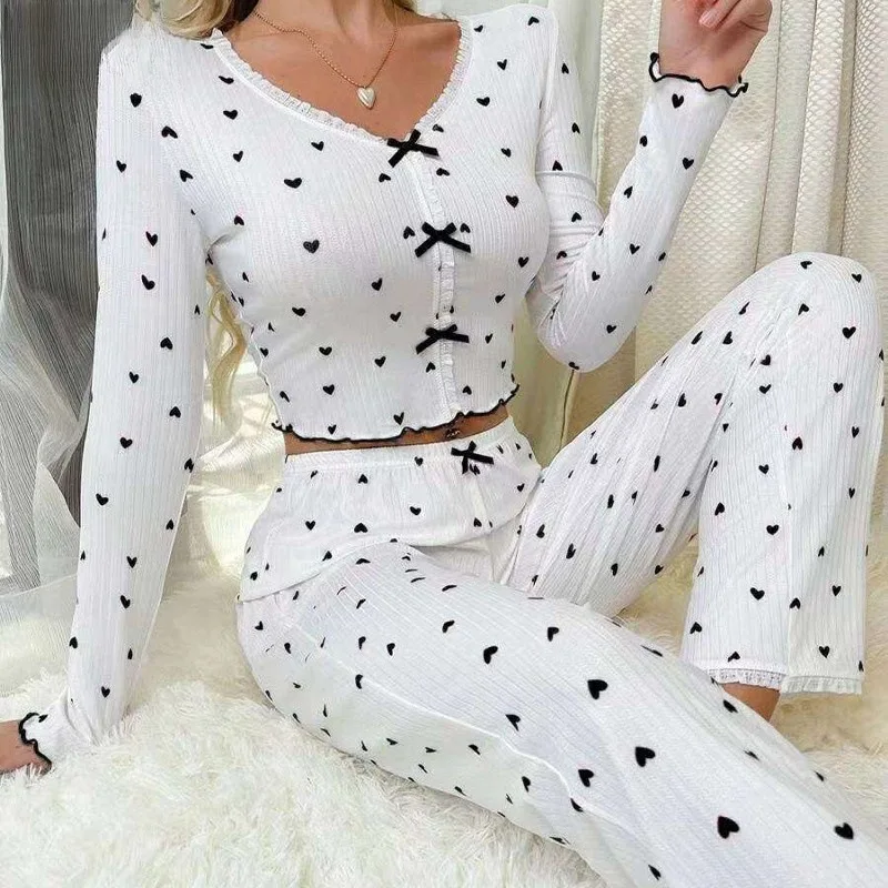 Women\'s Ribbed Pajama Set Knitted with Lace V-neck Pyjamas Heart-print Elastic Long Pants Sleepwears Elegant Vintage Loungewear