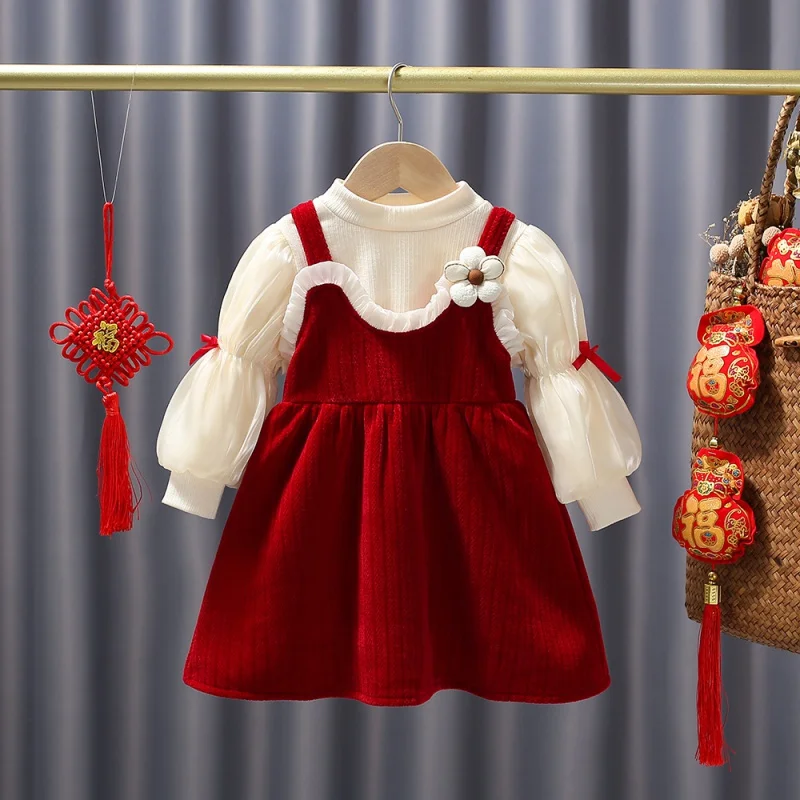 

New Girls' Long-Sleeved Dress Baby Girls' Western Style Fashion Lantern Sleeve Red with Velvet Lining Princess Dress