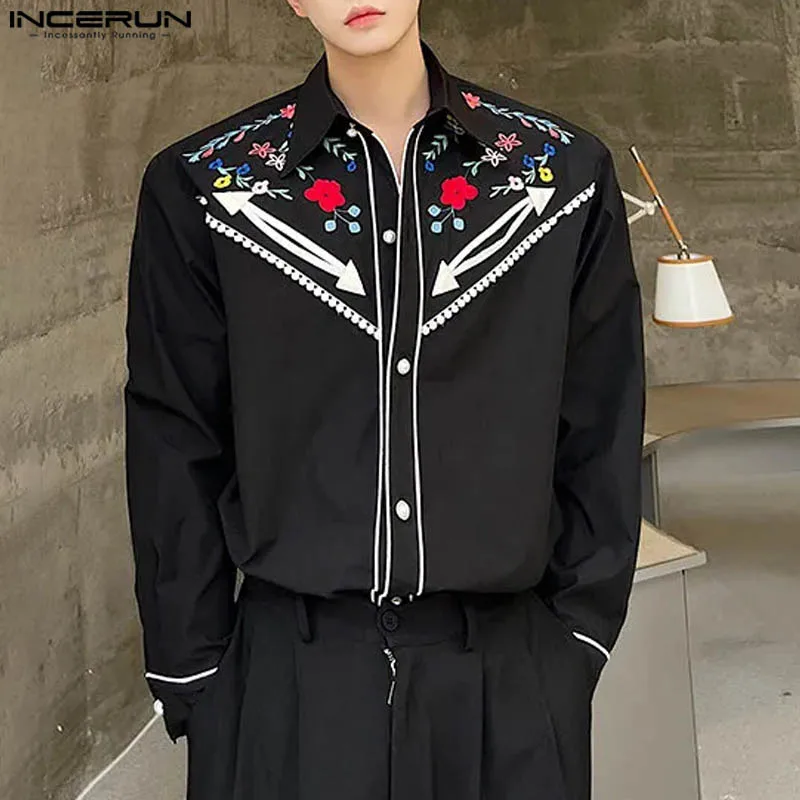 INCERUN Tops 2024 Fashion Men\'s Patchwork Color Contrast Printed Shirts Casual Personality Male Lapel Long Sleeved Blouse S-5XL