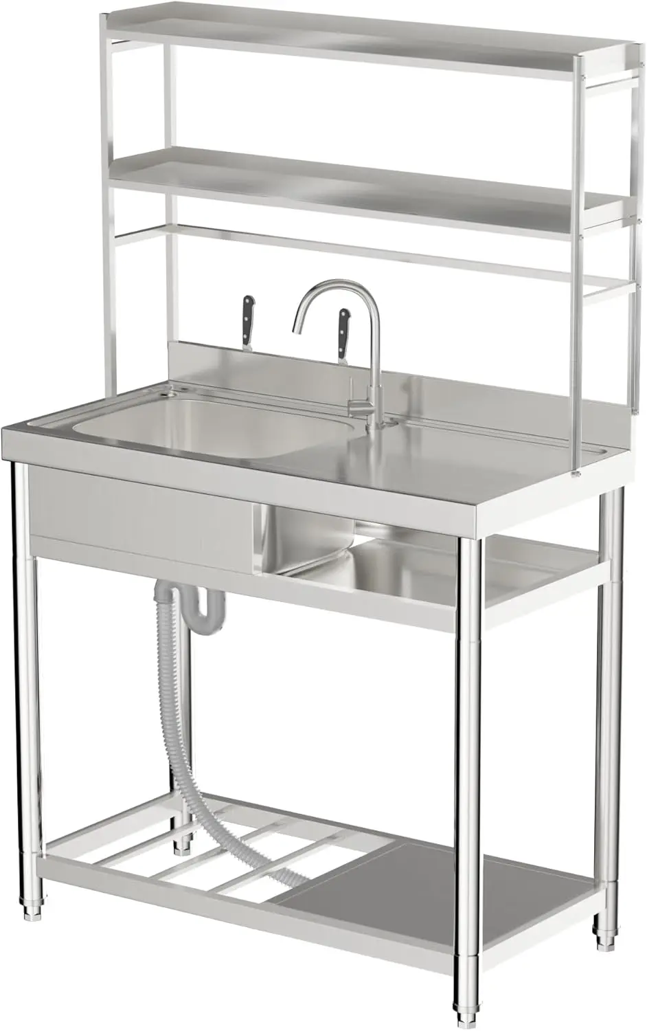 

304 Stainless Steel Utility Sink Set, Single Bowl Commercial Sink with Drainboard and Hanging Tools for Kitchen, Laundry Room
