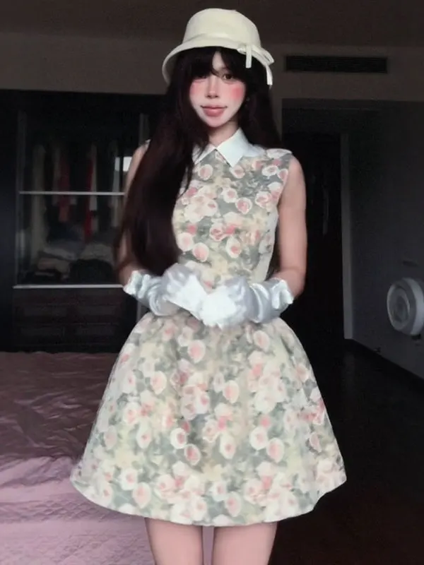 

Retro Gentle Print ort Skirt Dr Puffy Waist Design High Waist Cotton Material Autumn Season Women's Faion Dr