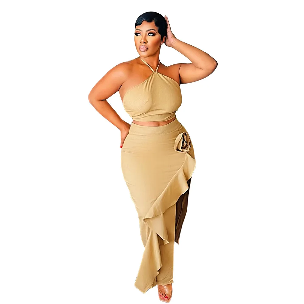 ฤดูร้อนใหม่ชุดสตรีสีทึบเปิดด้านข้าง Ruffle Edge กระโปรง Lace Up เสื้อแขนกุด