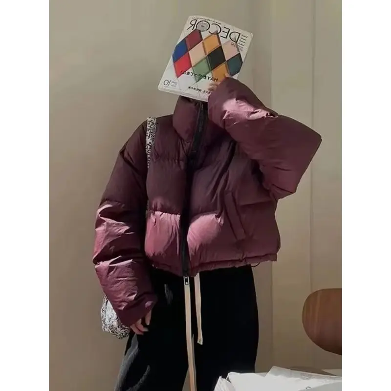 American Fashion New 2025 Cotton Jacket Women's Short Style Loose and Thick Stand Up Collar Solid Color Western-style Parkas