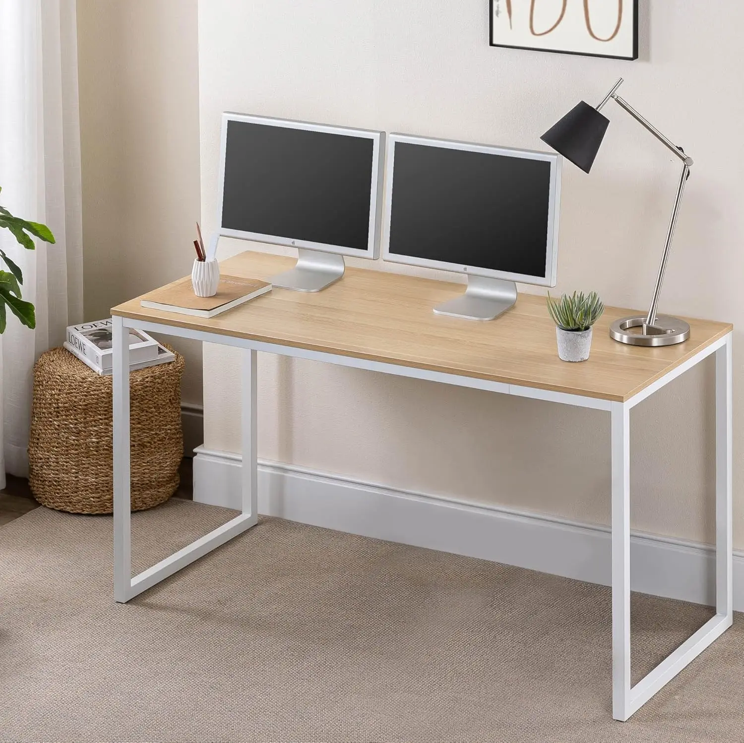 Jennifer 55 Inch White Frame Desk, Computer Workstation, Office Desk, Dining Table, Easy Assembly, Natural