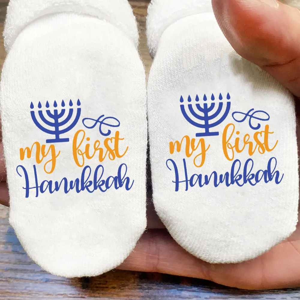 1Pair My First Hanukkah Baby Terry Socks Jewish Holiday Accessories Newborn Gift Hanukkah Decorations Menorah Happy Challah Days