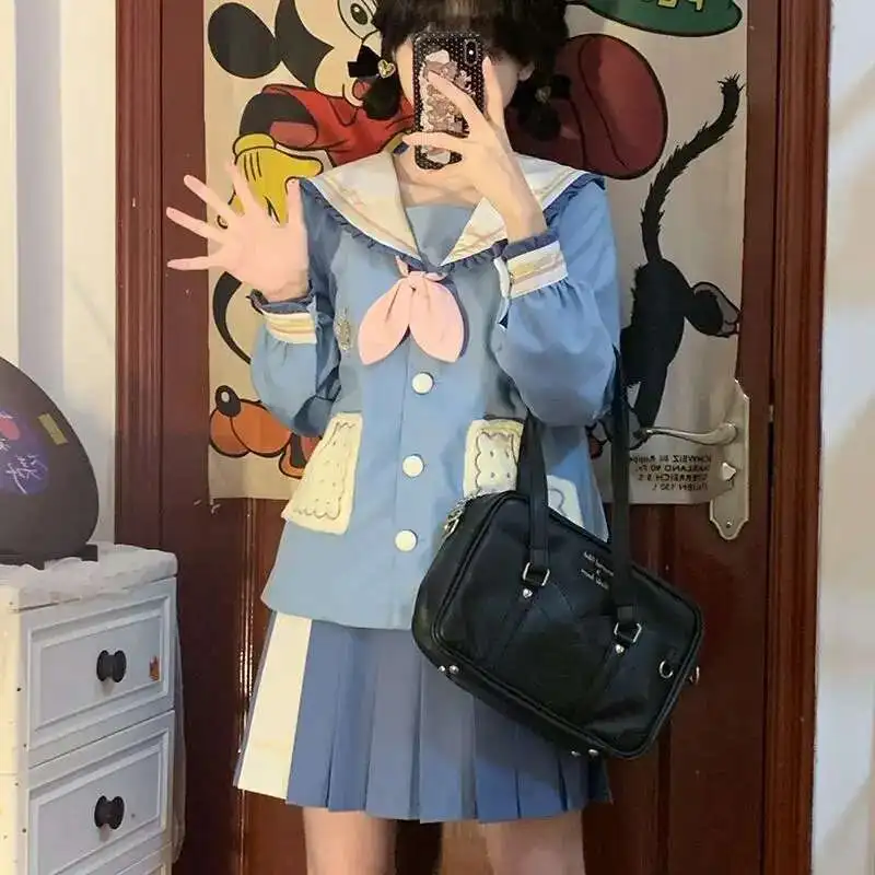 

Campus Style Long Short Sleeve Sailor Uniform Skirt Sailor Collar Set Rabbit Ears Blue Daily Girl Sweet Kawaii Jk Japanese