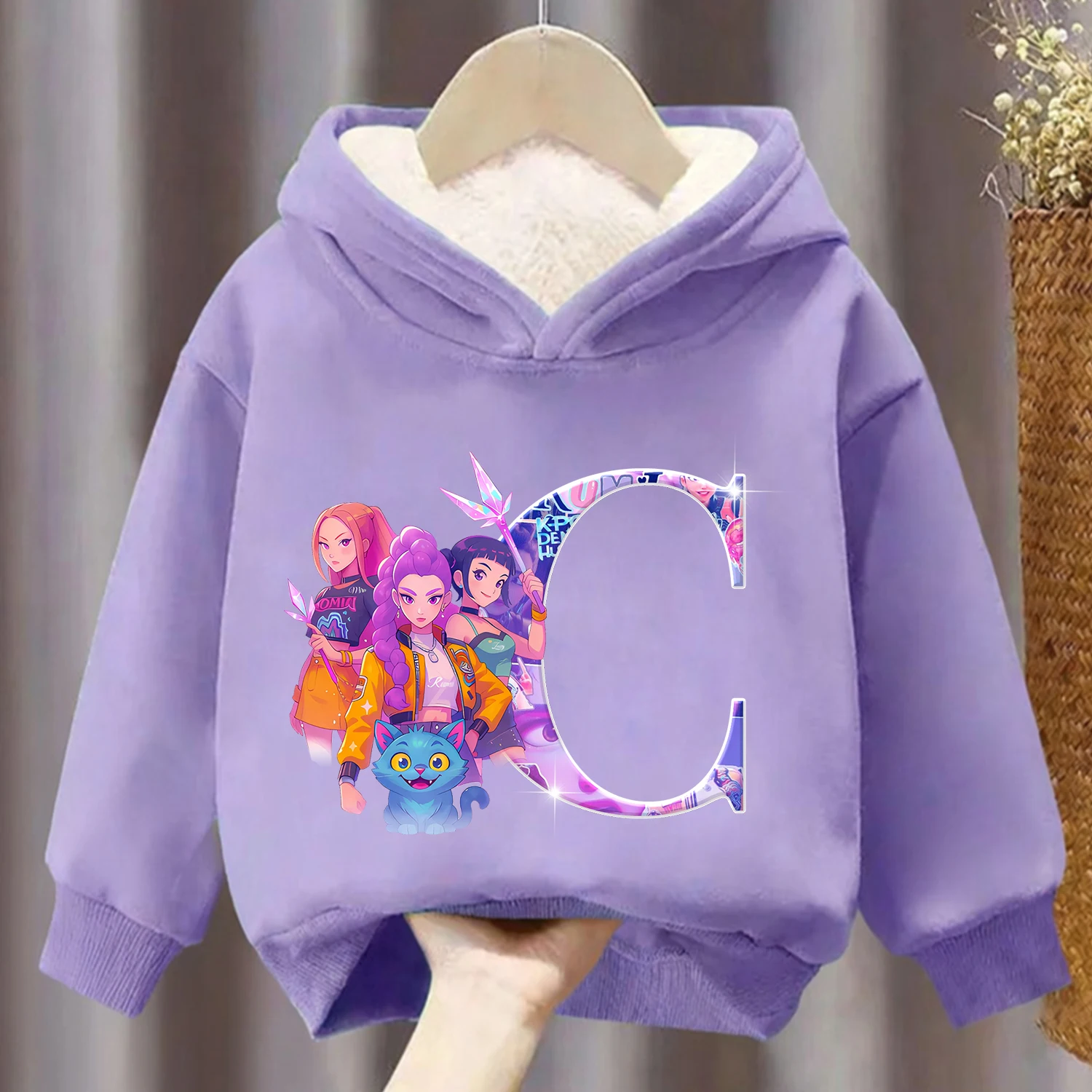 Sudadera con capucha gruesa Kpop Demon Hunters para niños, ropa de dibujos animados, sudadera polar para niña, ropa con capucha cálida de invierno púrpura, regalo para chico
