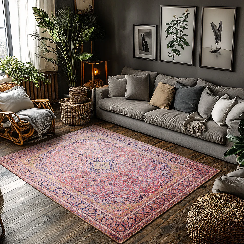 

Richly Detailed Persian Area Rug with Rusty Red Border Traditional Handmade Oriental Carpet for Living Room Decoration Home Comf
