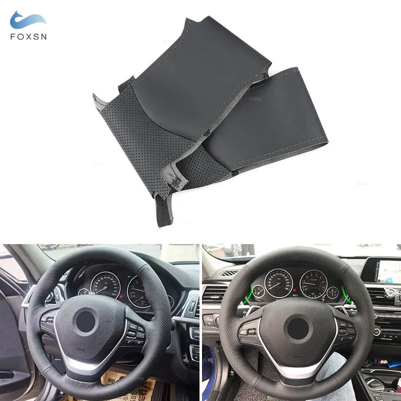 Car Steering Wheel Cover Trim For BMW F20 F21 2011-2019 F22 F23 F30 F31 F32 F33 F36 Black Microfiber Leather w/ Needles Lines
