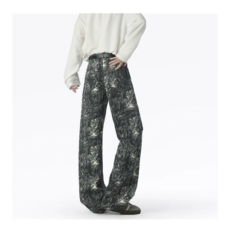 بنطال جينز أمريكي مطبوع بالكامل بنمط هونج كونج سروال كاجوال مستقيم للعمل