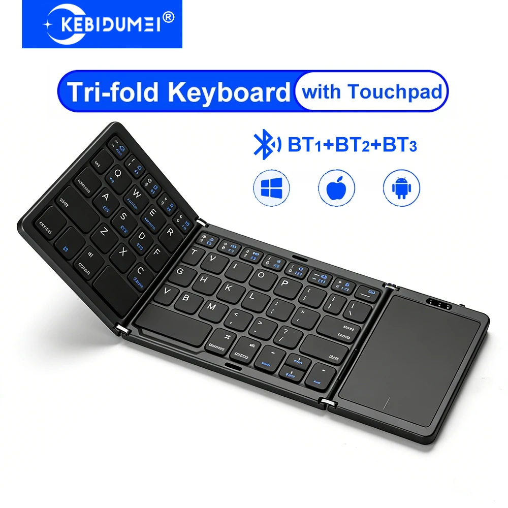 

KEBIDUMEI Tri-fold Keyboard with Touchpad Three Bluetooth Keyboard Mini Keyboard Rechargeable Keyboard for Windows Android IOS