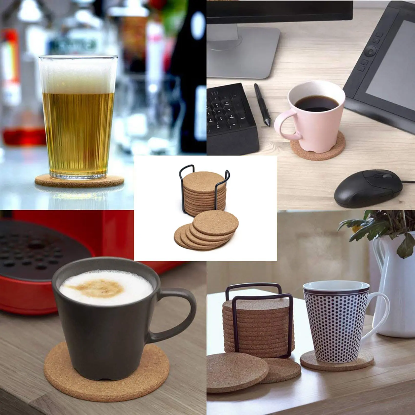 Natural Cork Coasters With Round 48Pc Set With Metal Holder Storage Caddy – 1/5Inch Thick, Absorbent, Eco-Friendly-AS97