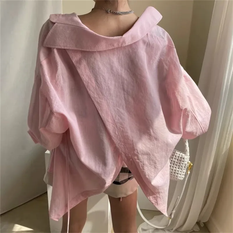 

Women Irregularity Split Blouses Candy Color Back Cross Top Tees Fall Vintage Harajuku Korean Fashion Loose Shirts Female S007