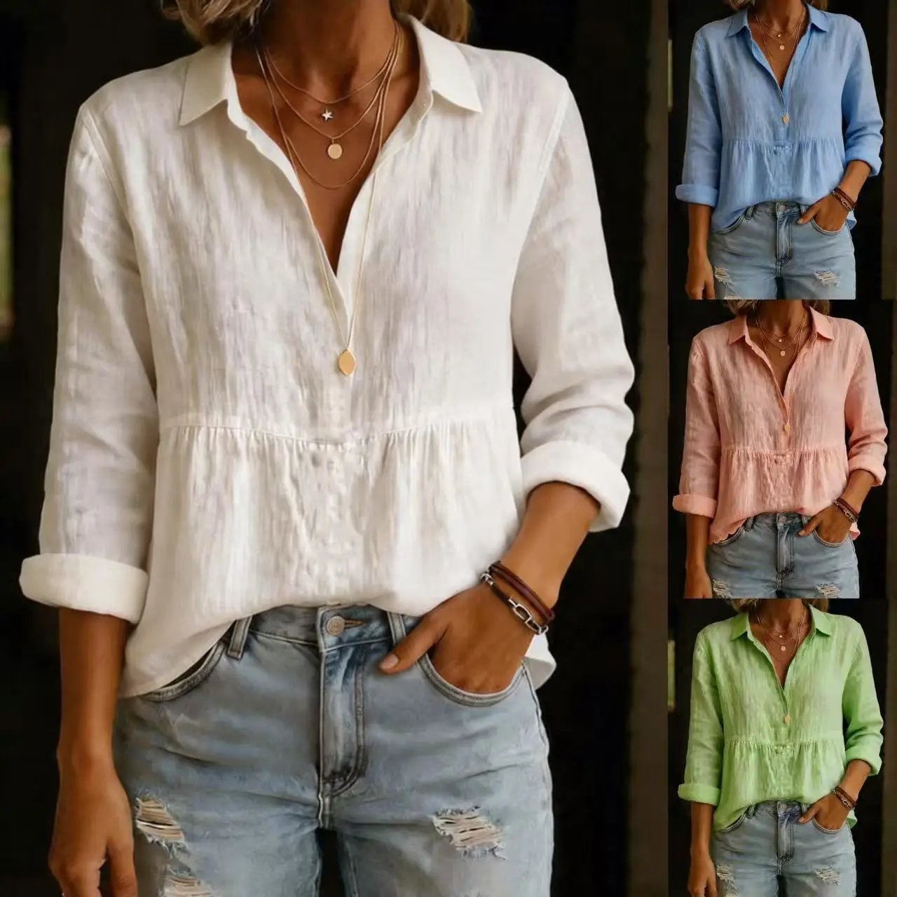 

Women's Blouses New Spring Summer Casual Loose Fashion Solid Cotton Blend Long-sleeved Pullover Shirts For Women Cothing 2026