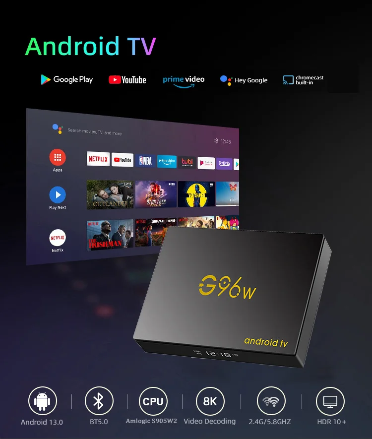 صندوق تلفاز ذكي يعمل بنظام Android 13 بدقة 8K فائق الدقة ومساعد جوجل Amlogic S905W2 مشغل وسائط متدفق رباعي النواة سعة 4 جيجابايت وسعة 128 جيجابايت ونيتفليكس ويوتيوب G96W