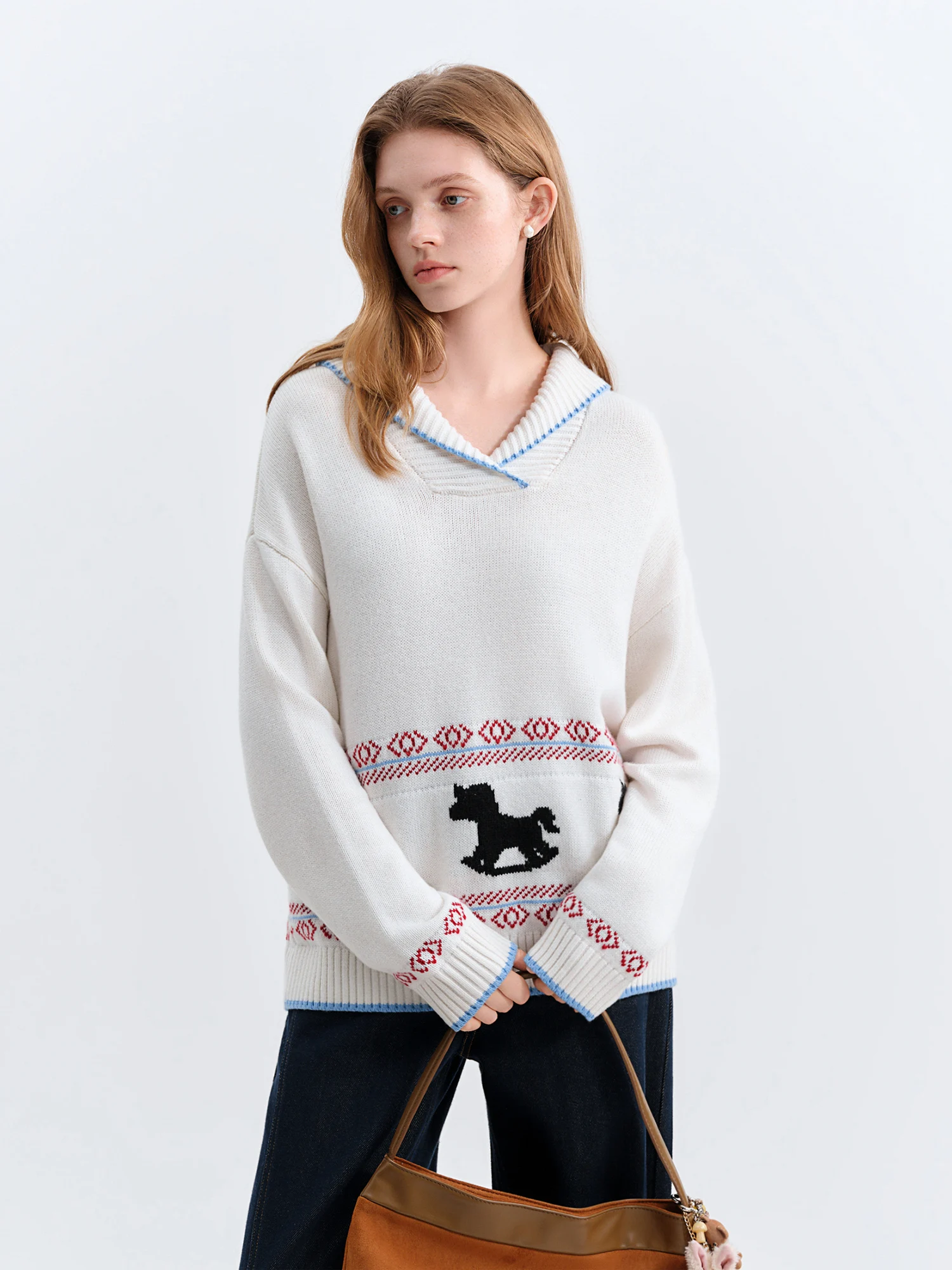 FSLE 2025 hiver femmes col cranté pull en tricot avec motif carrousel ludique-bloc de couleur haut décontracté pour superposition