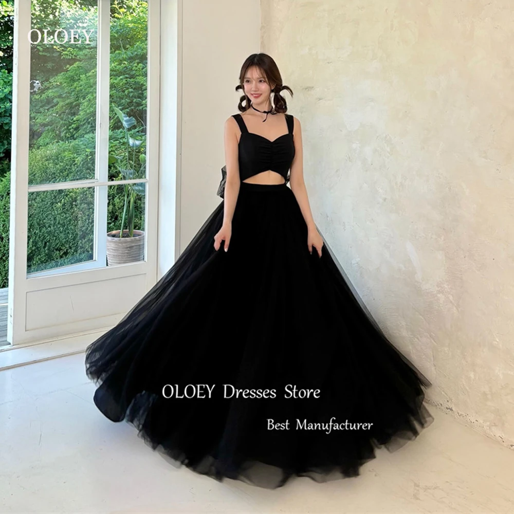 

OLOEY Simple Black Tulle Evening Dresses Straps Korea Weddding Photoshoot Floor Length Prom Gowns Formal Party Dress 2024