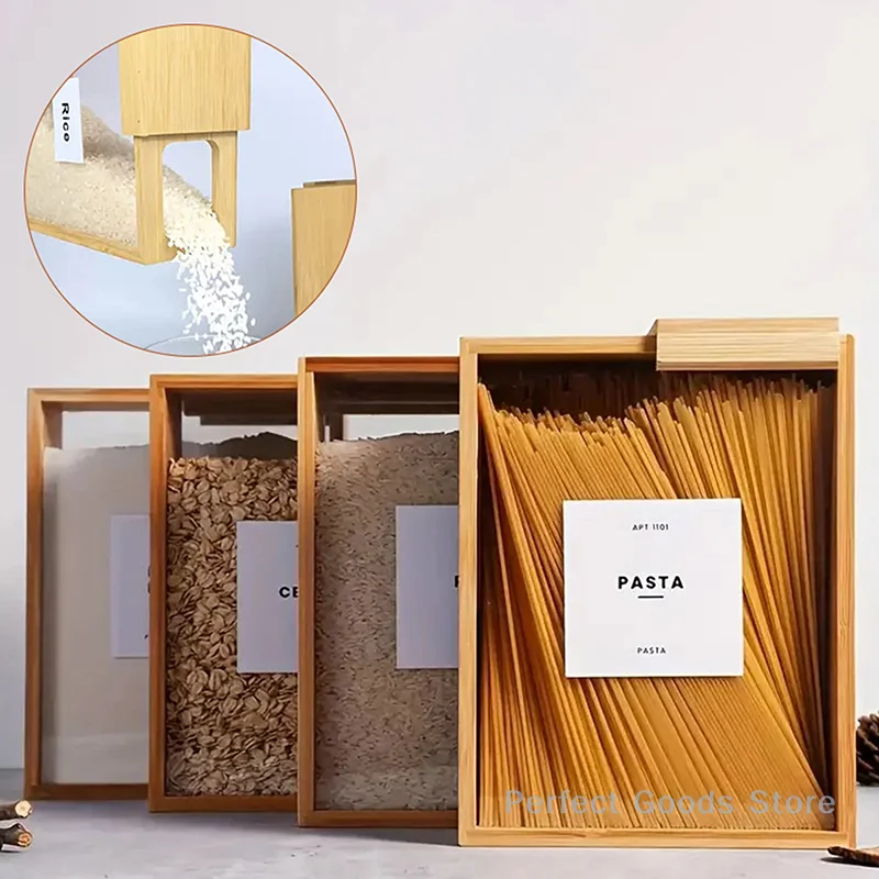 Bamboo Grain Storage Container Food Condiment Dispenser Transparent Sliding Lid Kitchen Storage Tank For Cereal, Rice, Flour