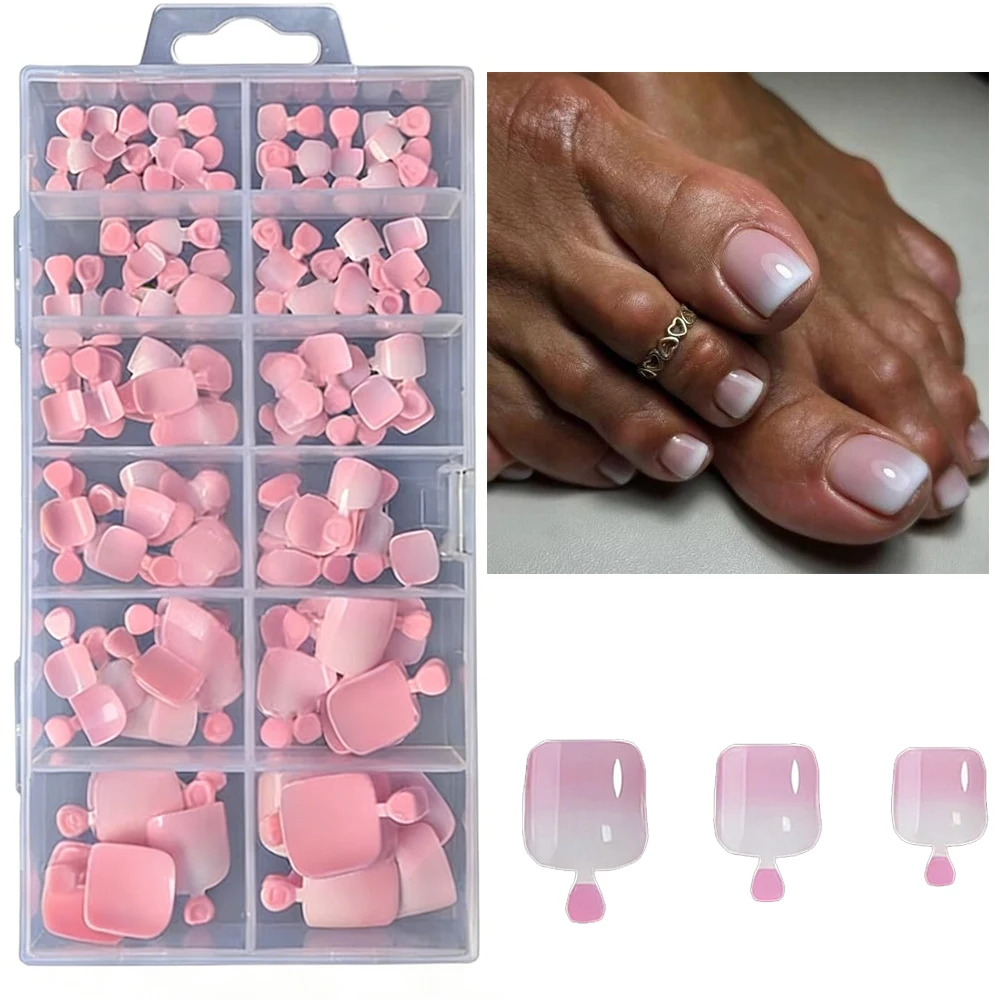 

120pcs Pink White Gradient Foot Wear False Nails Short Square White French Nude False Toenail Full Cover Summer Press On Toenail