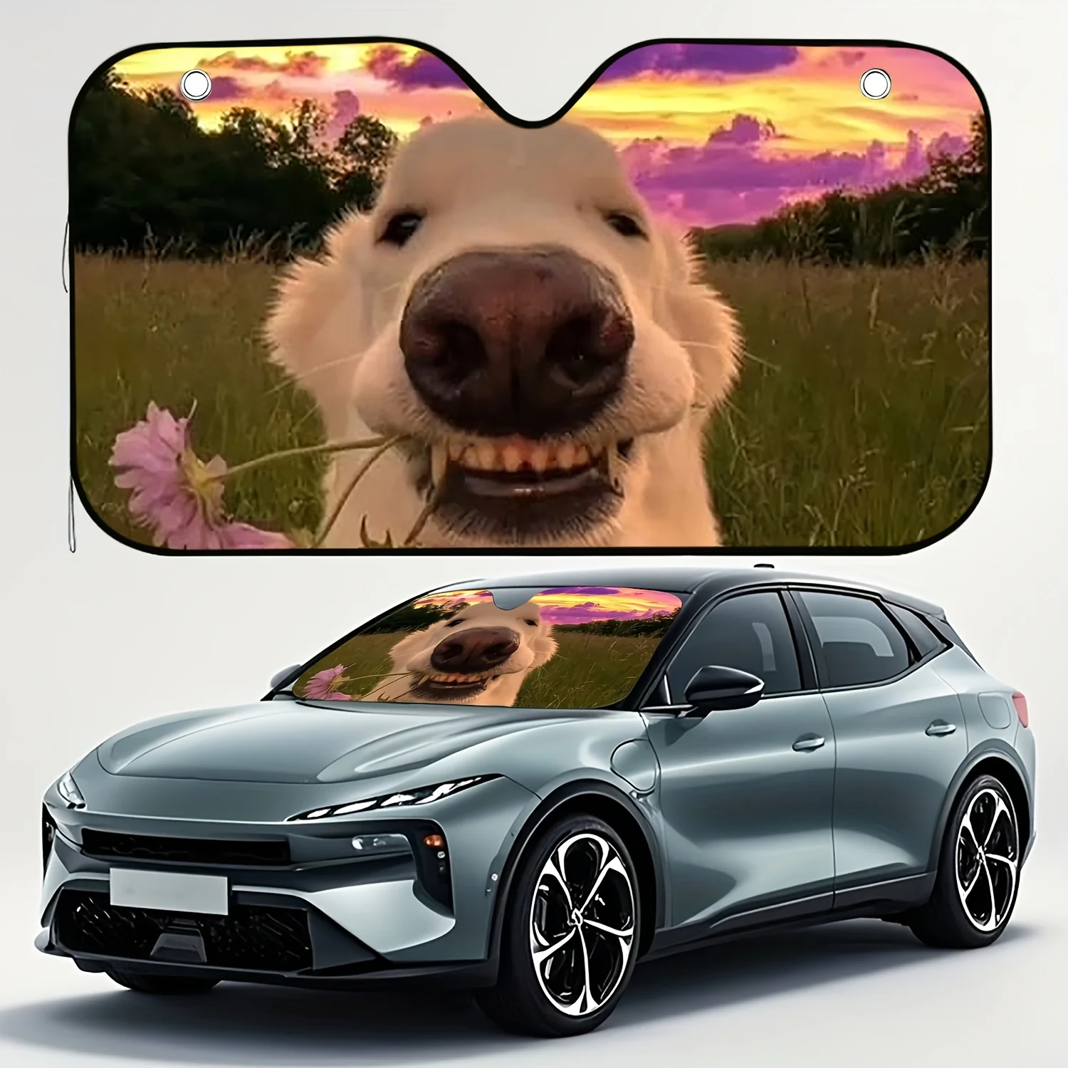 1pc Cute Smiling Dog Windshield Sunshade Printed with Playful Puppy Holding Flowers Design Featuring Efficient UV Protection