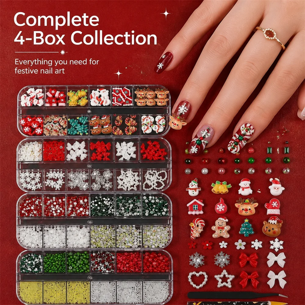 4er-Set Weihnachts-3D-Nagelcharms, verschiedene Harzfiguren, Schneeflocken, Schleifen, Perlen, Strasssteine für Zuhause, Salon, Feiertage und Kunstprojekte