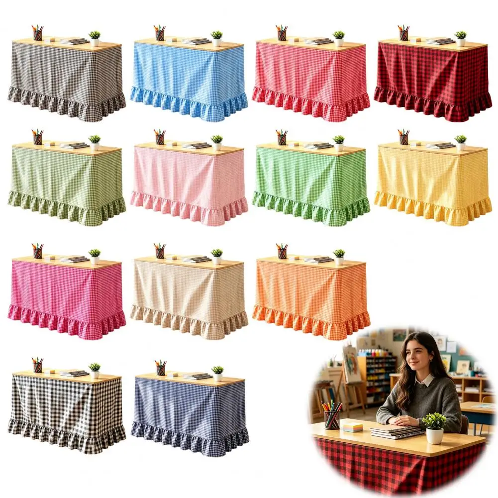 Rural Ruffled Edge Table Skirt Hook And Loop One-Piece Table Wrap Washable Teacher Classroom Gingham Ruffled Table Skirt