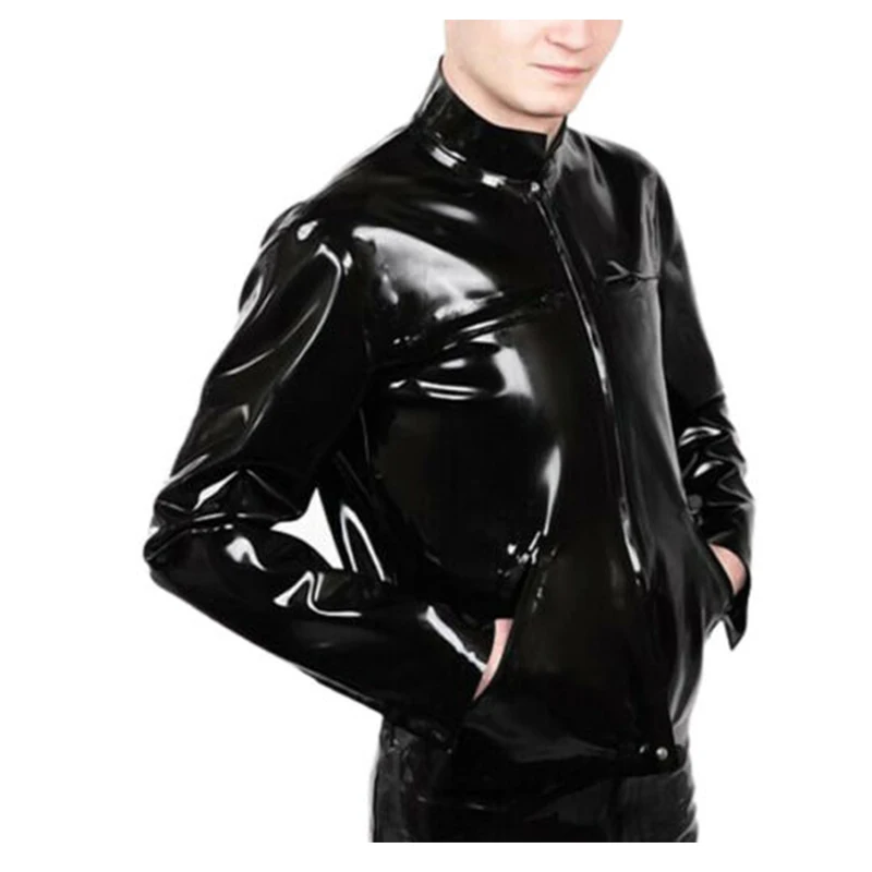 

100% Handmade Male Rubber Latex Tops Outwear High Collar with Front Long Zip Long Sleeve Classic Jacket Black Sexy Hot Coat