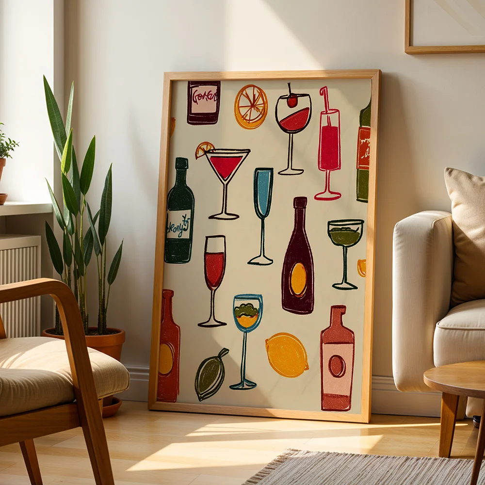 Vintage Hand‑Drawn Cocktail Bottle Canvas Poster Wall Art,2D Print Wall Decor,Home Decoration Gift