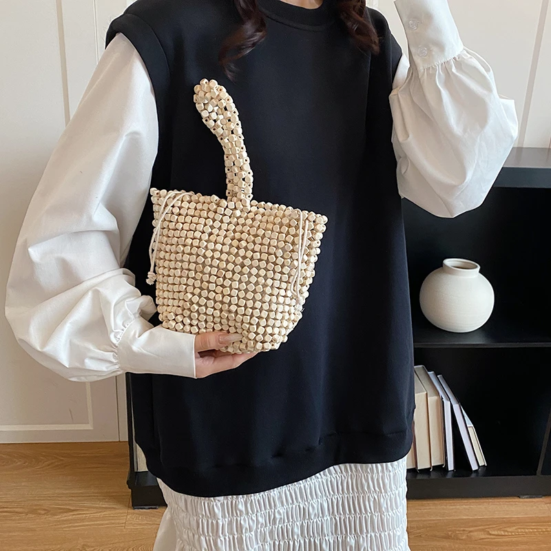 Summer Personality Wooden Beads Tote Bags Hot Sale Retro Beach Handbag for Women Vacation Fashionable Bohemian Style Bucket Bag