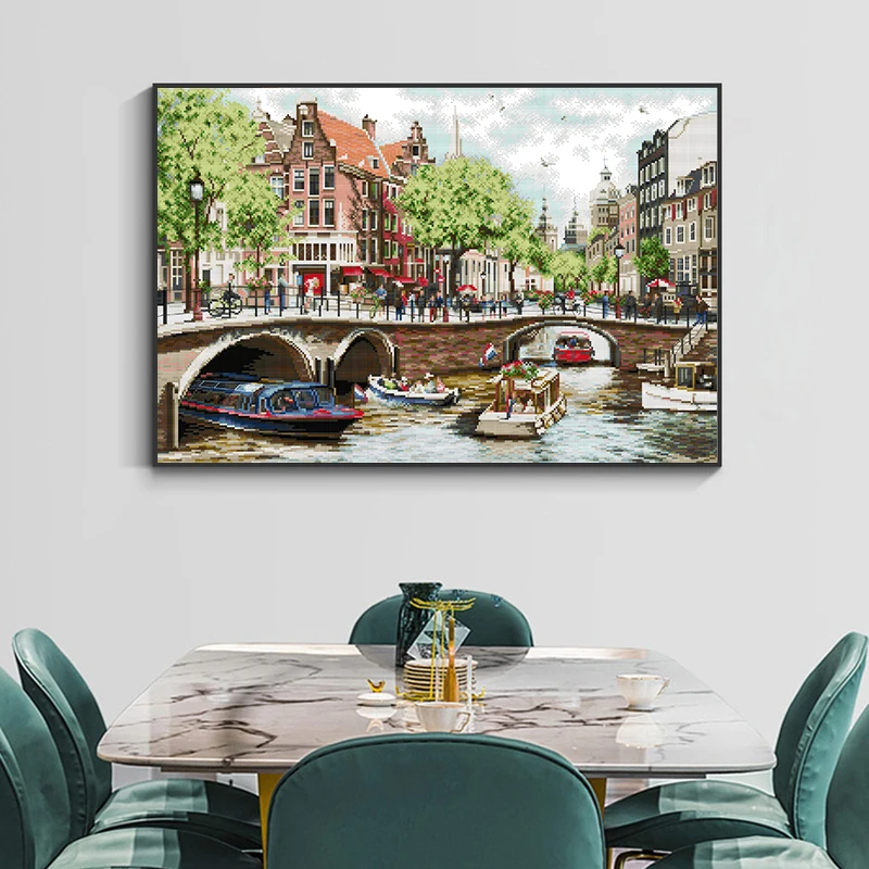 Streets of Amsterdam Scenery Pattern Cross Stitch Set 14CT White 11CT Printed Fabric Needle Thread Set DIY Embroidery Home Decor