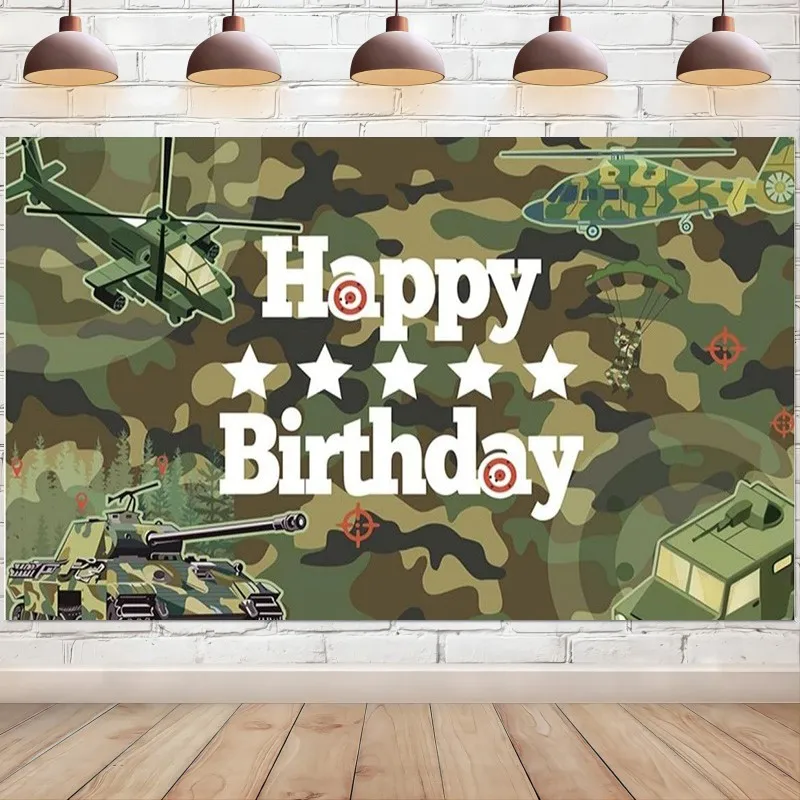 Camo Happy Birthday Backdrop Banner Camouflage Army Military Photography Background for Men Party Decoration Photo Booth Props