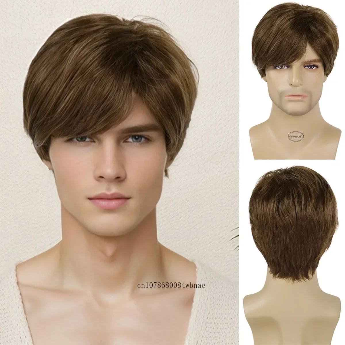 Fashion Style Men's Healthy Synthetic Hair Short Brown Wig with Bangs Straight Wigs for Male Heat Resistant Daily Party Costume