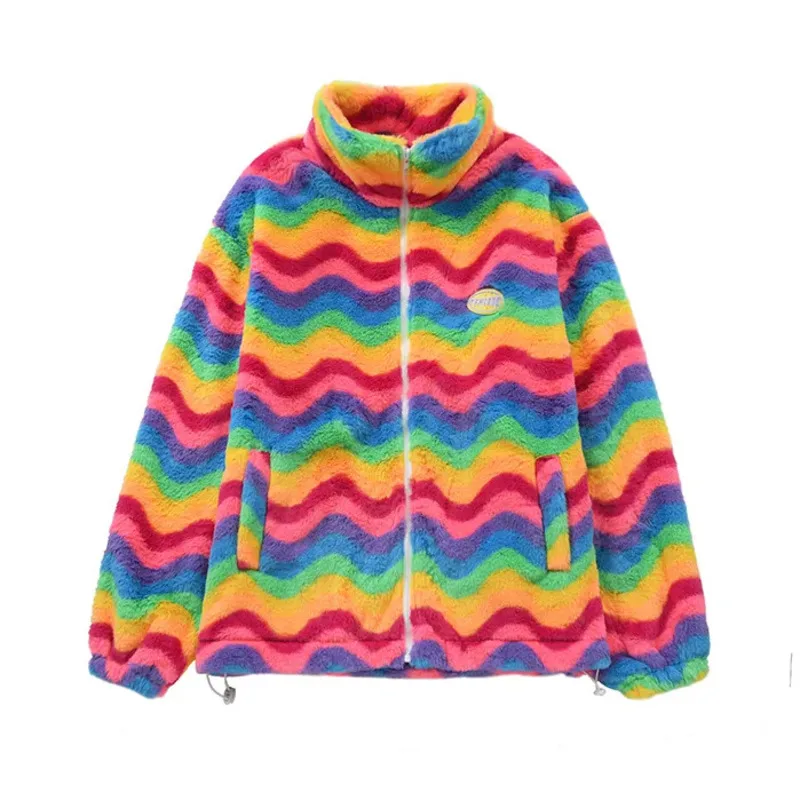 

Y2K Rainbow Striped Wool Standing Collar Cotton Jacket For Women Men On The Street Boyfriend Lazy Style Couple Cotton Jacket