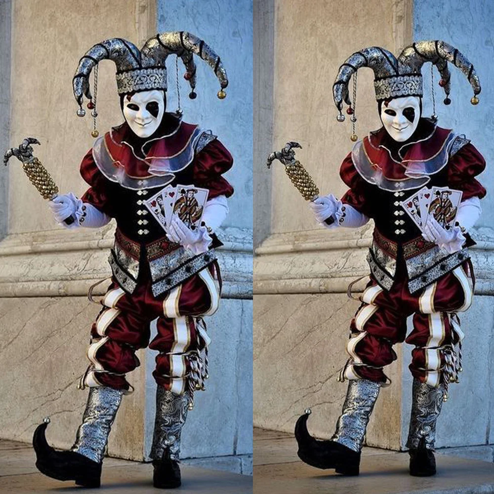 Neuestes Renaissance-Narr-Kostüm-Outfit, mittelalterliches Clown-Kostüm, Ren Faire Festival, Karnevalskostüme aus Venedig, Anzug mit Kragen, Hut