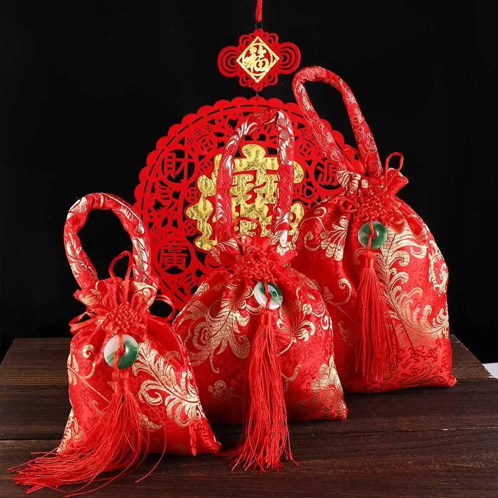 

Chinese Style Canvas Flower Drawstring Bag Large Capacity Wrist Bag Festive Sugar Bag Coin Purse Wallet Jewerly Packing Bag
