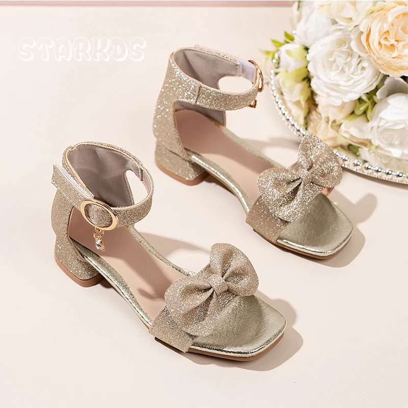 

Champagne Gold Glitter Sandals kid Girl Low Heel Ankle Strap Bowknot Dance Sandalias Child Square Toe Bling Crystal Dress Shoes