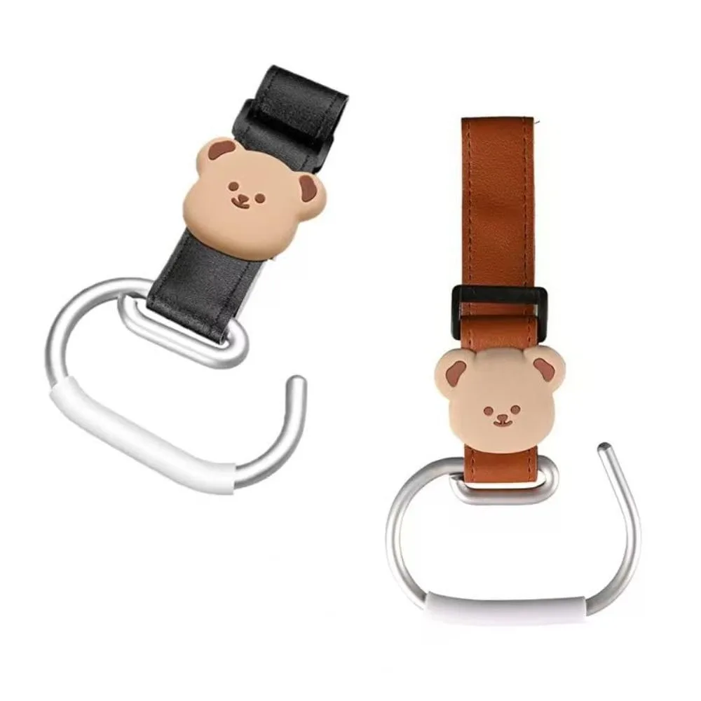 Cute Bear Design Stroller Hooks Leather Material Large Carabiner Clips Universal Stroller Hooks Non-Slip Stroller Clips